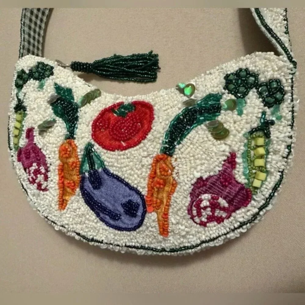 Handcrafted in India Vegetable Beaded Shoulder Bag Gingham Interior Tassel NWT